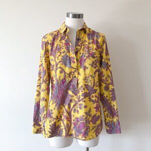 J crew button down blouse yellow paisley cotton shirt